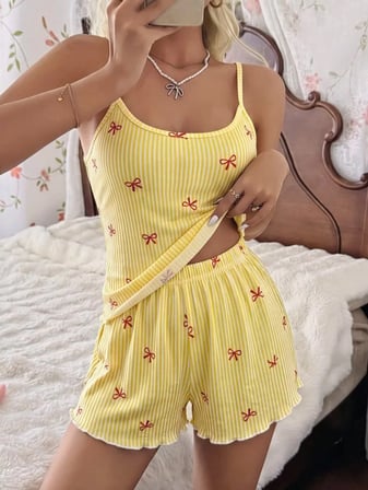 Kadın Sarı İnce Askılı Şortlu Pijama Takımı 5270 -MİRAYLİFE