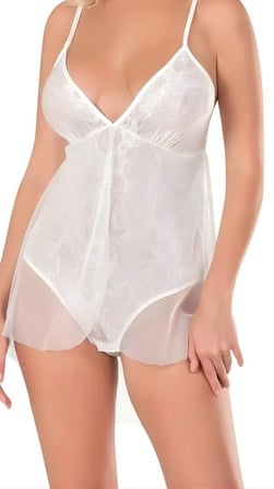 Ekru Jakarlı Bodysuit Gecelik Zarif Kadın Gece Elbisesi -MİRAYLİFE
