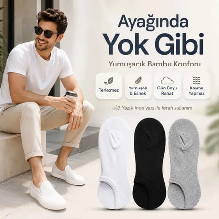 Erkek Bambu 6’lı Dikişsiz Babet Çorap Siyah Beyaz Gri Görünmez Sneaker Çorap Nefes Alan Yumuşak -MİRAYLİFE