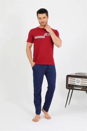 Erkek Pamuk Kısa Kol Pijama Takım Bordo -MİRAYLİFE