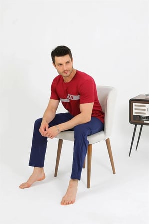 Erkek Pamuk Kısa Kol Pijama Takım Bordo -MİRAYLİFE