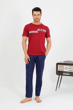 Erkek Pamuk Kısa Kol Pijama Takım Bordo -MİRAYLİFE