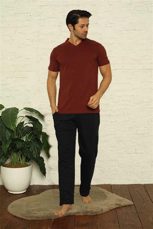 Erkek Bordo V Yaka 3'lü Pijama Takım -MİRAYLİFE