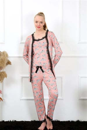 Kadın 3'lü Somon Sabahlık Pijama Takım -MİRAYLİFE