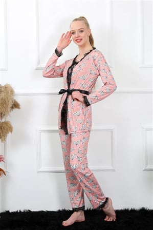 Kadın 3'lü Somon Sabahlık Pijama Takım -MİRAYLİFE