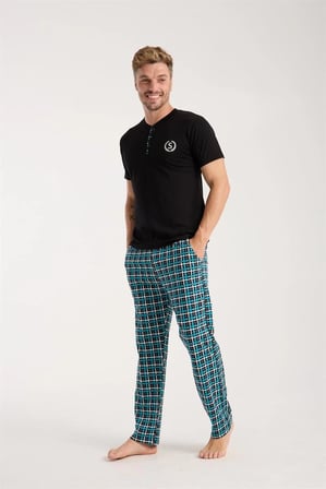 Erkek Düğmeli Yaka Siyah Kısa Kol Pijama Takımı -MİRAYLİFE