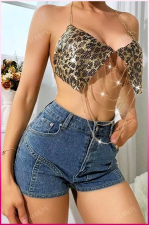 Kadın Leopar  Zincir Detaylı Askılı Crop Bluz Metal Dokulu Şık Parti Festival Club Konser Üstü -MİRAYLİFE