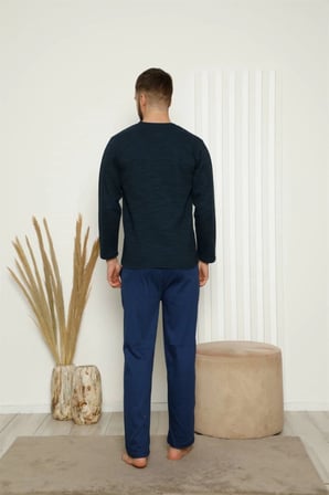 Erkek %100 Pamuk Önden Düğmeli Cepli Uzun Kollu Pijama Takımı Lacivert -MİRAYLİFE