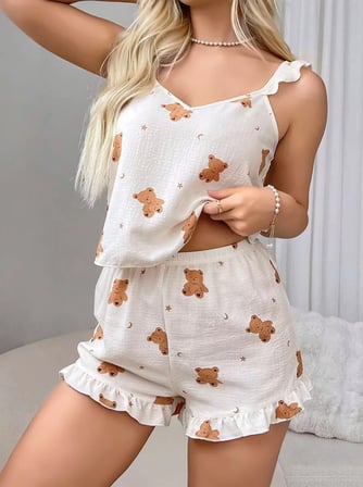 Pamuklu Ayıcık Desen Fırfırlı Askılı Şortlu Pijama Takımı -MİRAYLİFE