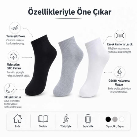 Erkek Kısa Konç Çorap 6'lı | %80 Pamuklu Dikişsiz Burun, Nefes Alan, Siyah Gri Beyaz -MİRAYLİFE