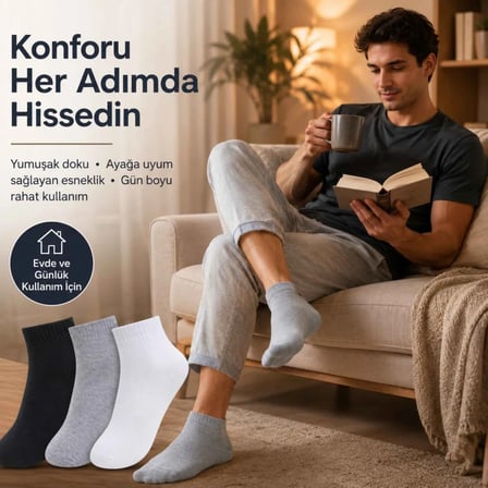 Erkek Kısa Konç Çorap 6'lı | %80 Pamuklu Dikişsiz Burun, Nefes Alan, Siyah Gri Beyaz -MİRAYLİFE