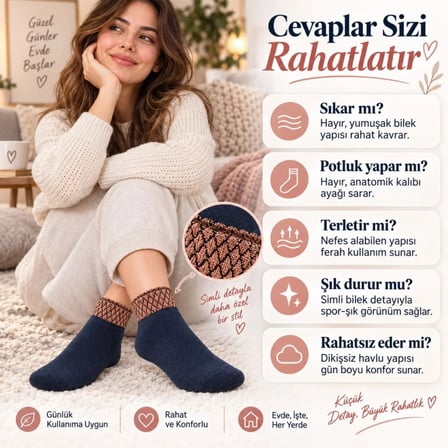 Kadın Simli 6'lı Bilek Patik Çorap | Dikişsiz Havlu Yapı, Yumuşak Konforlu Günlük Çorap -MİRAYLİFE