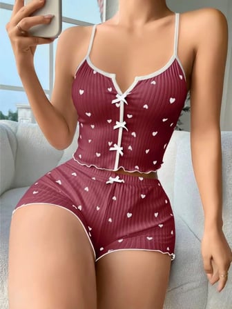 Pamuklu Kahverengi Üstüne Beyaz Kalp Desen Fitilli Askılı Şortlu Pijama Takımı -MİRAYLİFE