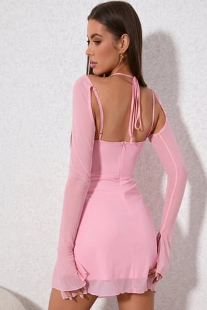 Kadın Pembe Askılı Tül Kollu Dekolteli Mini Gece Elbisesi -MİRAYLİFE