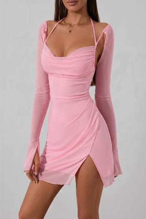 Kadın Pembe Askılı Tül Kollu Dekolteli Mini Gece Elbisesi -MİRAYLİFE