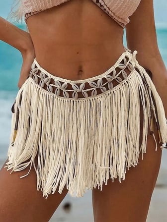 Ekru Bikini Üstü Deniz Kabuklu Püsküllü Pareo,beachwear,bikini Üstü El Emeği Plaj Eteği,bohem Etek -MİRAYLİFE