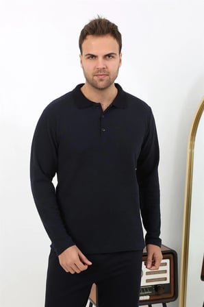 Erkek Polo Yaka Uzun Kol Penye Pijama Takımı Lacivert -MİRAYLİFE
