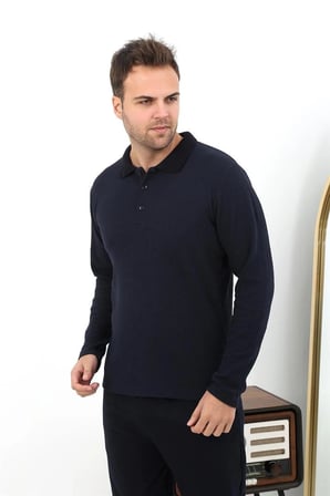 Erkek Polo Yaka Uzun Kol Penye Pijama Takımı Lacivert -MİRAYLİFE