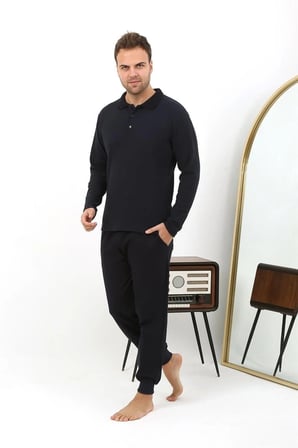 Erkek Polo Yaka Uzun Kol Penye Pijama Takımı Lacivert -MİRAYLİFE