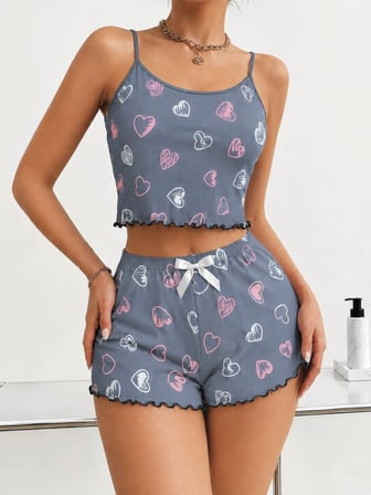 Kadın Gri Kalp Desenli Dantel Askılı Şortlu Pijama Takımı 5265