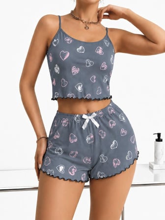 Kadın Gri Kalp Desenli Dantel Askılı Şortlu Pijama Takımı 5265