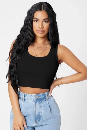 Kadın Siyah Modern Fit Kare Yaka Crop Top Bluz