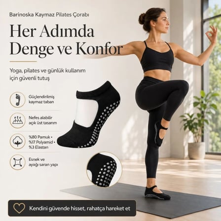 Kadın Siyah Kaymaz Yoga Pilates Çorabı 3'lü | Silikon Taban, Bilek Bantlı, Ev Spor Umre