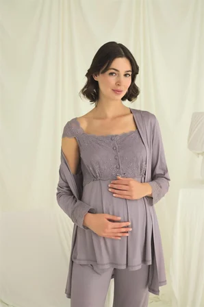 Dantelli Önü Düğmeli Hamile Lohusa 'lü Pijama Takımı