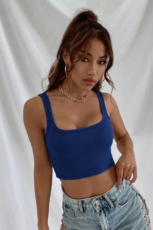 Kadın Lacivert Kalın Askılı Crop Top Büstiyer Esnek Kumaş Şık Basic Kadın Üst Giyim