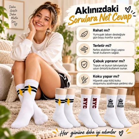 Kadın Spor Çorap Beyaz Yazılı 3'lü Set Uzun Soket Pamuklu Dikişsiz Nefes Alan Spor Konforlu Çoraplar