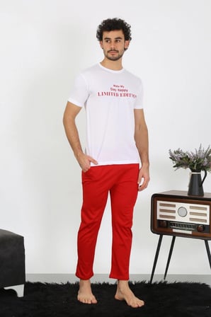 Erkek Kısa Kol Penye Beyaz Pijama Takımı