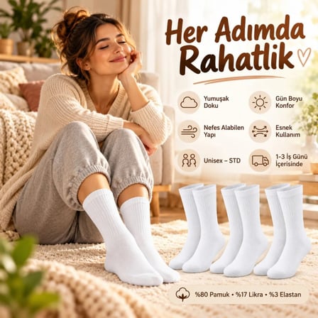 Unisex Beyaz Soket Çorap 6'lı Set %80 Pamuk Dikişsiz Burun Takviyeli Esnek Günlük Spor Çorabı Konfor