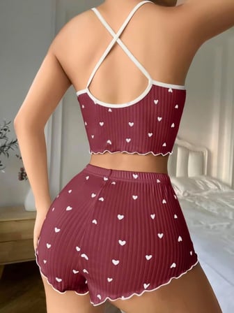 Pamuklu Kahverengi Üstüne Beyaz Kalp Desen Fitilli Askılı Şortlu Pijama Takımı