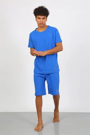 Erkek Pamuk Lakost Alt Üst Kaprili Pijama Takım Saks