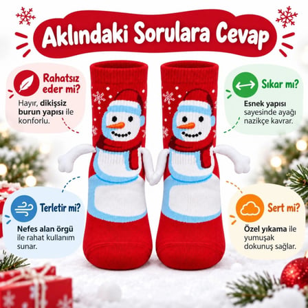 Kadın Kırmızı Kardan Adam Desenli Yılbaşı Çorabı | 3d Kollu Sevimli Ve Şık Kışlık Soket Çorap Modeli