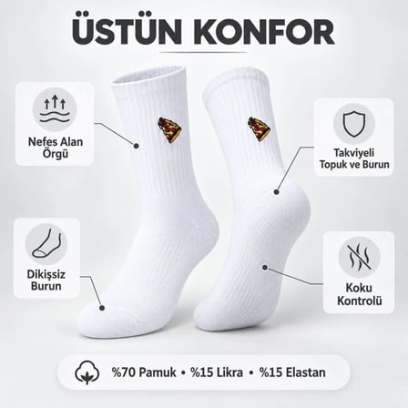 Unisex Çorap Beyaz Nakışlı 3'lü Set Pizza Hotdog Hamburger Desenli Uzun Soket Günlük Spor Çorap Seti