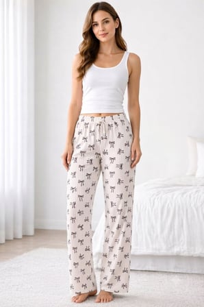 Viskon Pamuklu Kadın Pudra Desenli Pijama Pantolon - Mg009 -