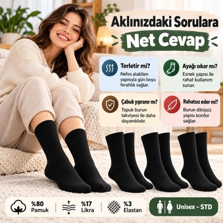 Unisex Siyah Soket Çorap 3'lü Set Düz Basic Ribanalı Günlük Spor Esnek Rahat Uzun Çorap Konforlu Set