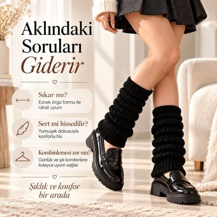 Kadın Örgü Bacak Isıtıcı Tozluk - Fitilli Örgü Seti, 3'lü Paket, Siyah