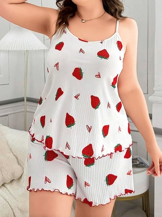 Büyük Beden Çilek Desen Pamuklu Şortlu Pijama Takımı -MİRAYLİFE