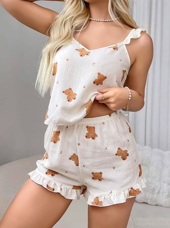 Pamuklu Ayıcık Desen Fırfırlı Askılı Şortlu Pijama Takımı -MİRAYLİFE