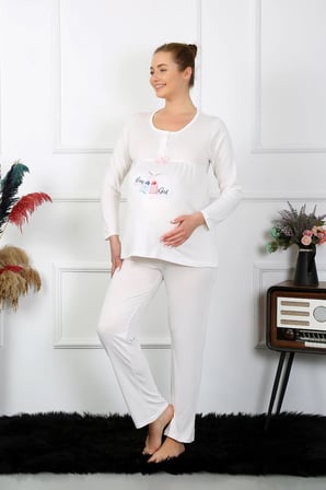 Kadın Uzun Kol Hamile Lohusa Pijama Takımı Ekru -MİRAYLİFE