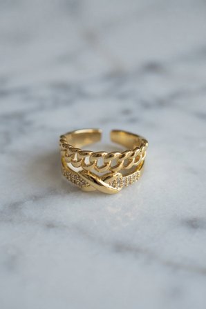 Zincir ve Düğüm Detaylı Ayarlanabilir Gold Renk Yüzük