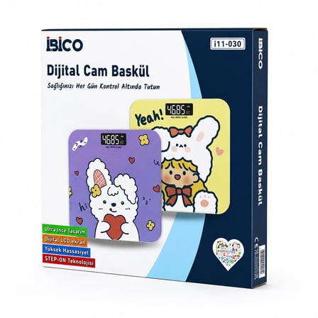 0221A DİJİTAL - PİLLİ DESENLİ RENKLİ CAM BANYO BASKÜL TERAZİ TARTI LCD EKRAN 180KG/50GR 26X26CM İ11-030 (4887)