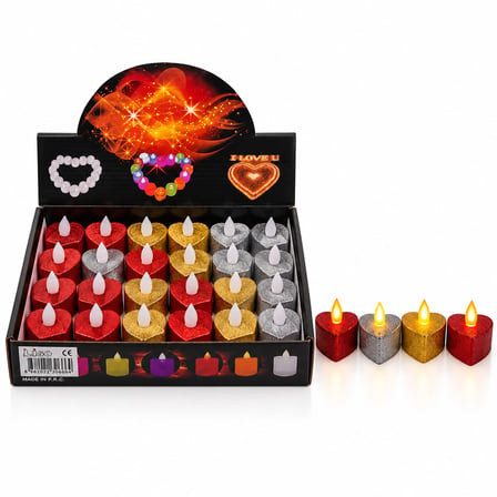 24 ADET PİLLİ KALPLİ - SİMLİ RENKLİ LED MUM ÇAP : 3.5CM YÜKSEKLİK : 4.2CM İ10-026 (4887)