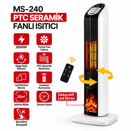 KUMANDALI SICAK DİK PTC SERAMİK FANLI ISITICI LED KONTROL EKRAN - DEVRİLME EMNiYET 2000W MS-240 (4887)