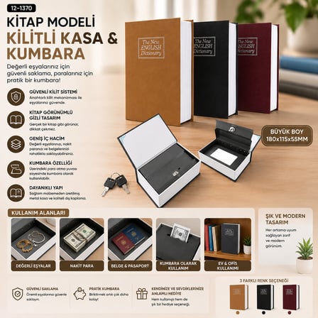 BÜYÜK=180X115X55MM KİTAP MODELİ KİLİTLİ KASA - KUMBARA RENKLİ (4887)