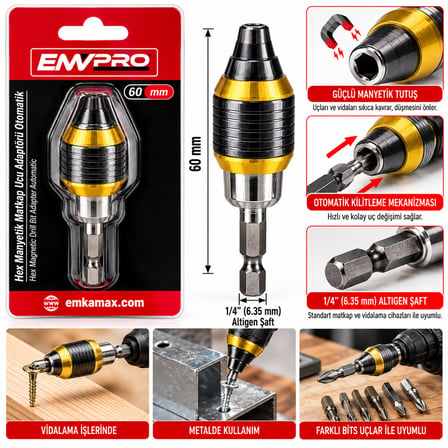 MANYETİK MATKAP UCU ADAPTÖR OTOMATİK 60MM ÇOK FONKSİYONLU FARKLU UÇLARA UYUMLULUK - PRATİK UÇ DEĞİŞTİRME EMV-5668 (4887)