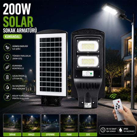 200W - 6500K SOLAR - GÜNEŞ ENERJİLİ SOKAK LAMBASI - ARMATÜR SENSÖRLÜ BAHÇE-BALKON-SOKAK ARS-348965 (4887)