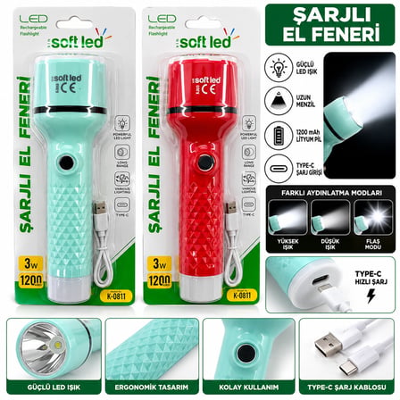 2IN1 ŞARJLI EL FENERİ USB - TYPE-C ŞARJLI 1 LED 2W - 8 SMD 1W K-0811 (4887)